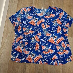 Disney Stitch "One In A Melon" Womens 3XL Blue Scrub Top Watermelon & Stars
